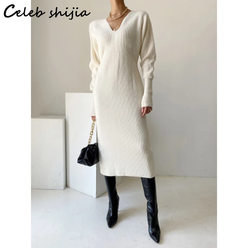 Новое Осеннее белое шерстяное платье с V-образным вырезом женские шикарные