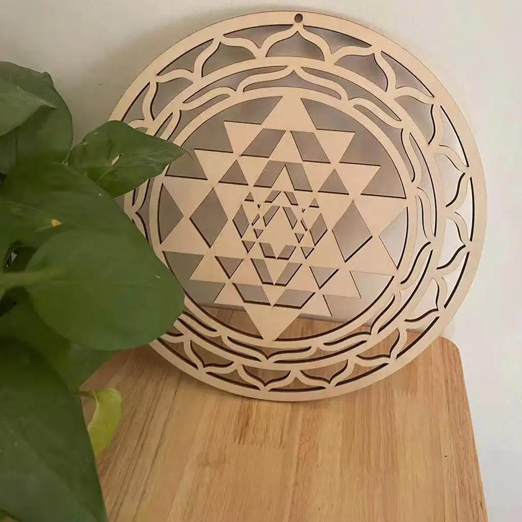 

11" Sri Yantra Wall Decor Mandala Sacred Geometry Spiritual Gift Crystal Grid Board Wood Wall Sculpture for Home Zen Yoga Decor