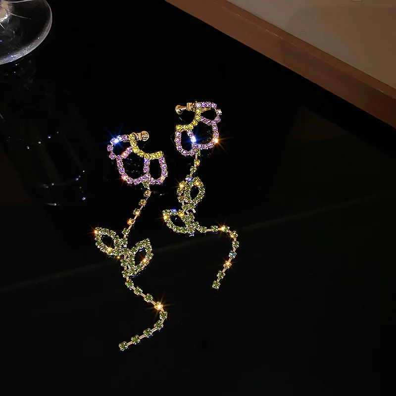 

Minar Stylish Sparkly Rainbow Rhinestones Long Drop Earrings for Women Ladies Hollow Out Floral Statement Dangle Earrings Gift