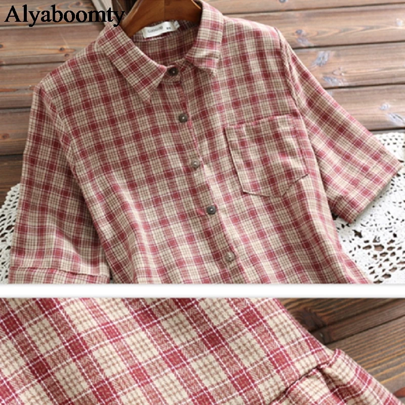 Летнее женское платье-рубашка в японском стиле преппи винтажное клетчатое