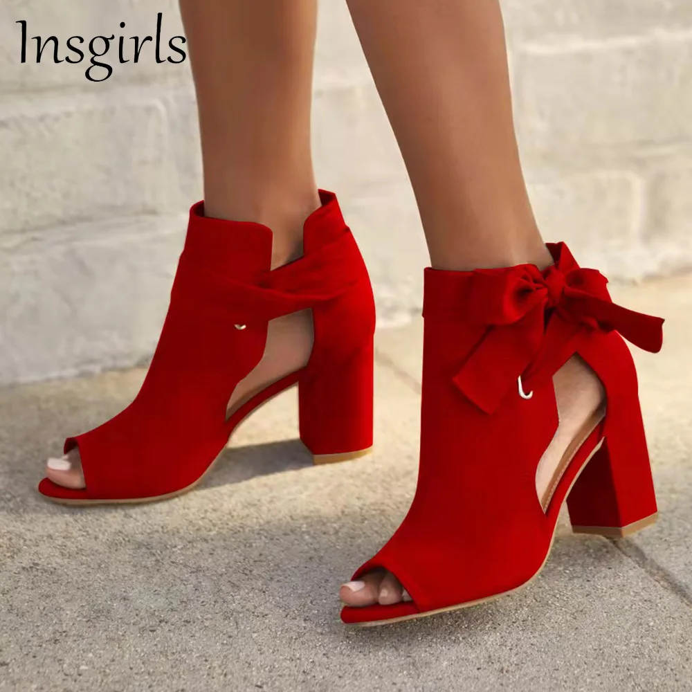 

New Women's Pumps 2022 Bow Elegant Peep Toe Ladies Buckle Strap Chunky Heel Sandals 36-43 Large-Sized Female Dress Party Shoes