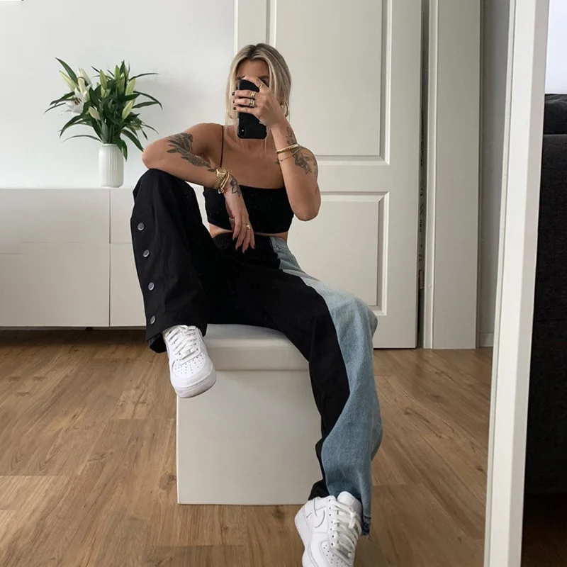 

Patchwork Baggy Woman Mom Jeans High Waist Pockets Wide Leg Boyfriend Punk Classic Gothic Streetwear Pants Female Streetwear