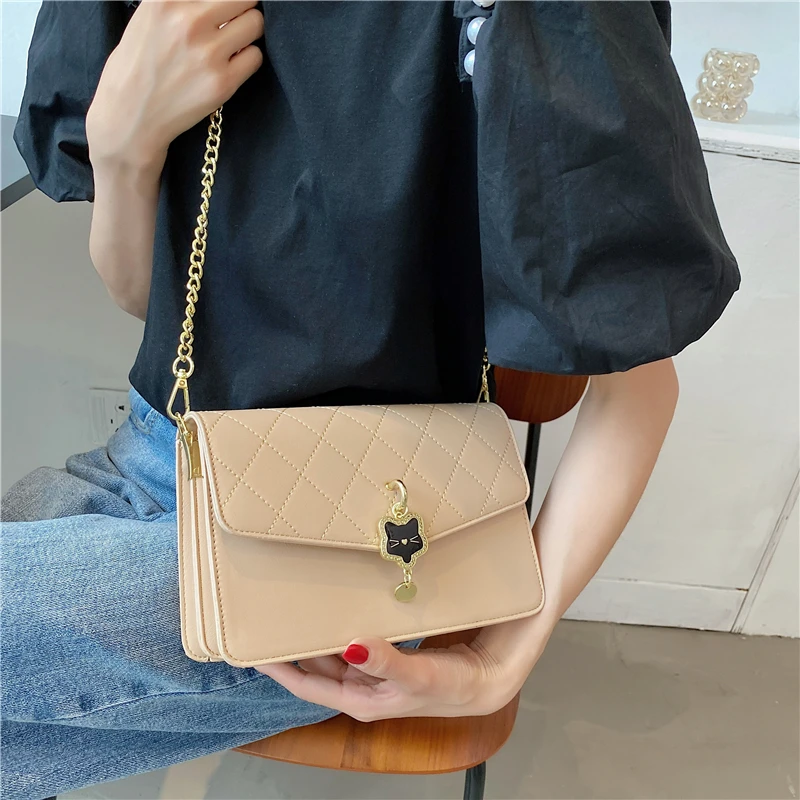

Fashion Square Rhombic PU Leather Summer Chain Cartoon Kitten Lock Lady Shoulder Messenger Bag Purses And Handbags Sac A Main