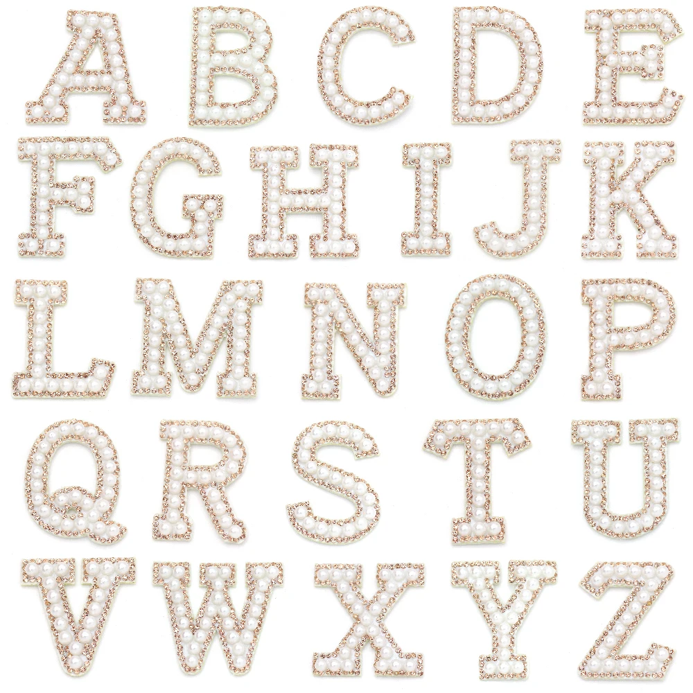 1Pcs Pearl Letter Patches Champagne Rhinestone Sew On Patch For Clothes 3D Beads Applique Shoes Bags Garment | Дом и сад
