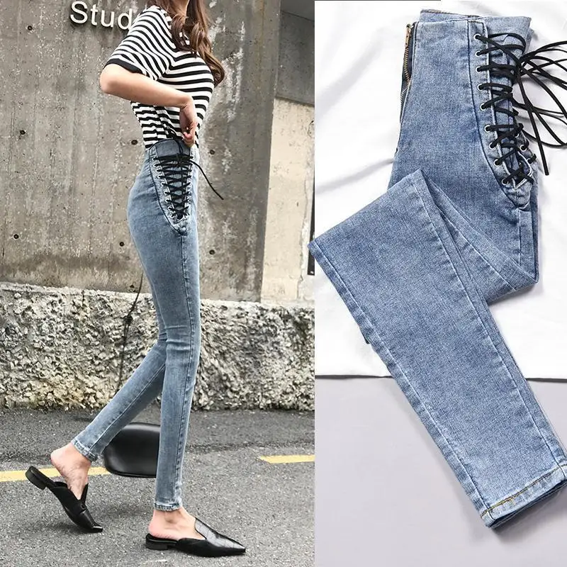 

High waist zipper small feet jeans women's nine-quarter spring and autumn new style thinner lace-up straps large size pencil