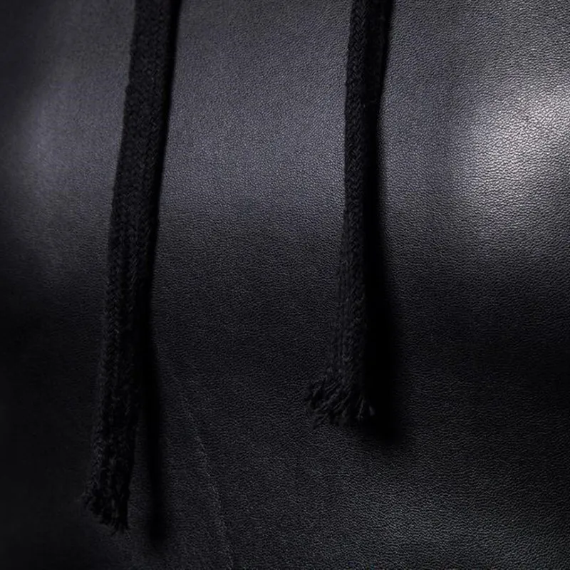 

Autumn winter men black PU leather patchwork hip hop long sleeve t shirt with hooded man side split vintage punk tees tops