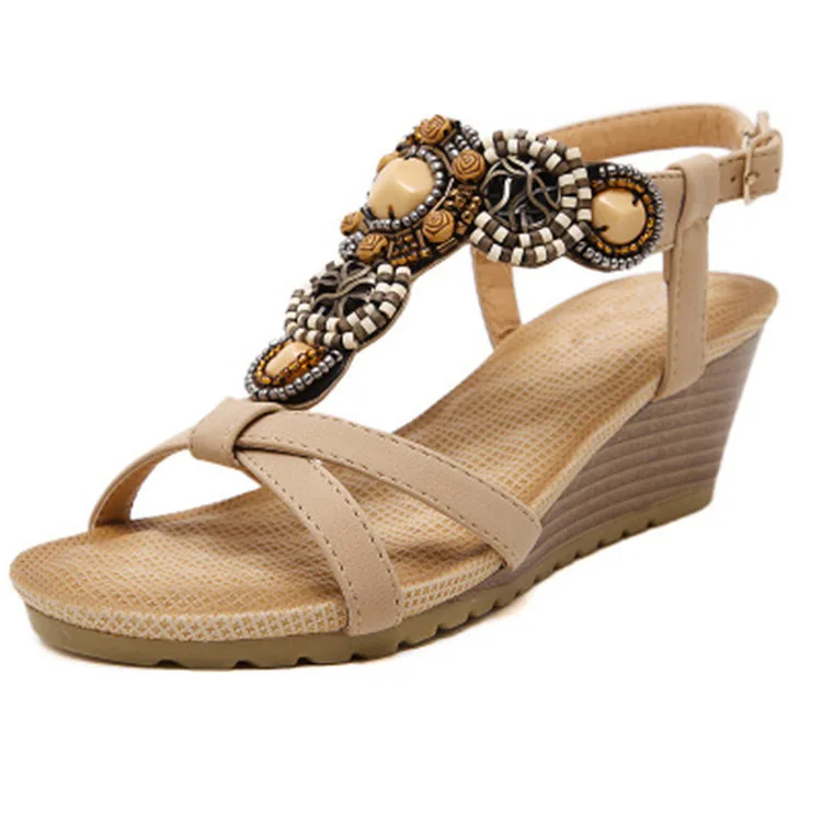 

Bohemian Sandals Female Shoe Med Clogs Wedge 2021 Women's Boho Girls Pearl Medium Platform Comfort New Beach TPR Buckle Strap Sc