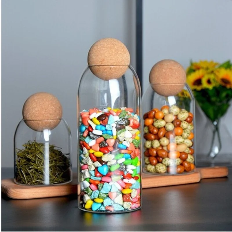 Transparent Glass Candy Jar with Cork Ball Lid Sealed Coffee Bean Tea Jar Household Food Storage Glass Container Home Decoration