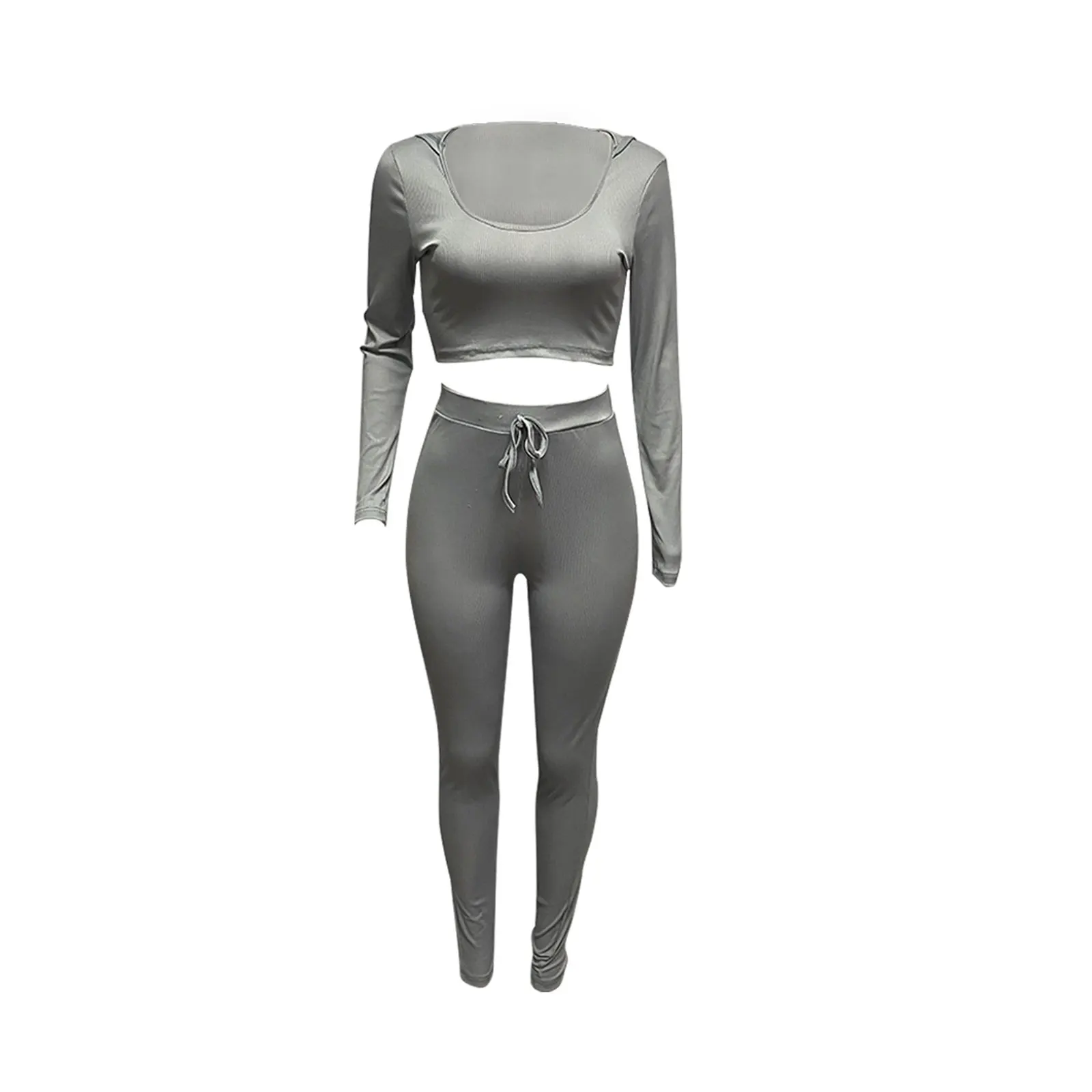 

Women's Cropped Top, Knitting Pants, Long Sleeve Round Collar Elastic Shirt, Sports High Waist Tight Trousers