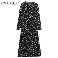 korean black floral dress 2022 spring new fashion nine point sleeves lightweight round neck mid length casual large size dress