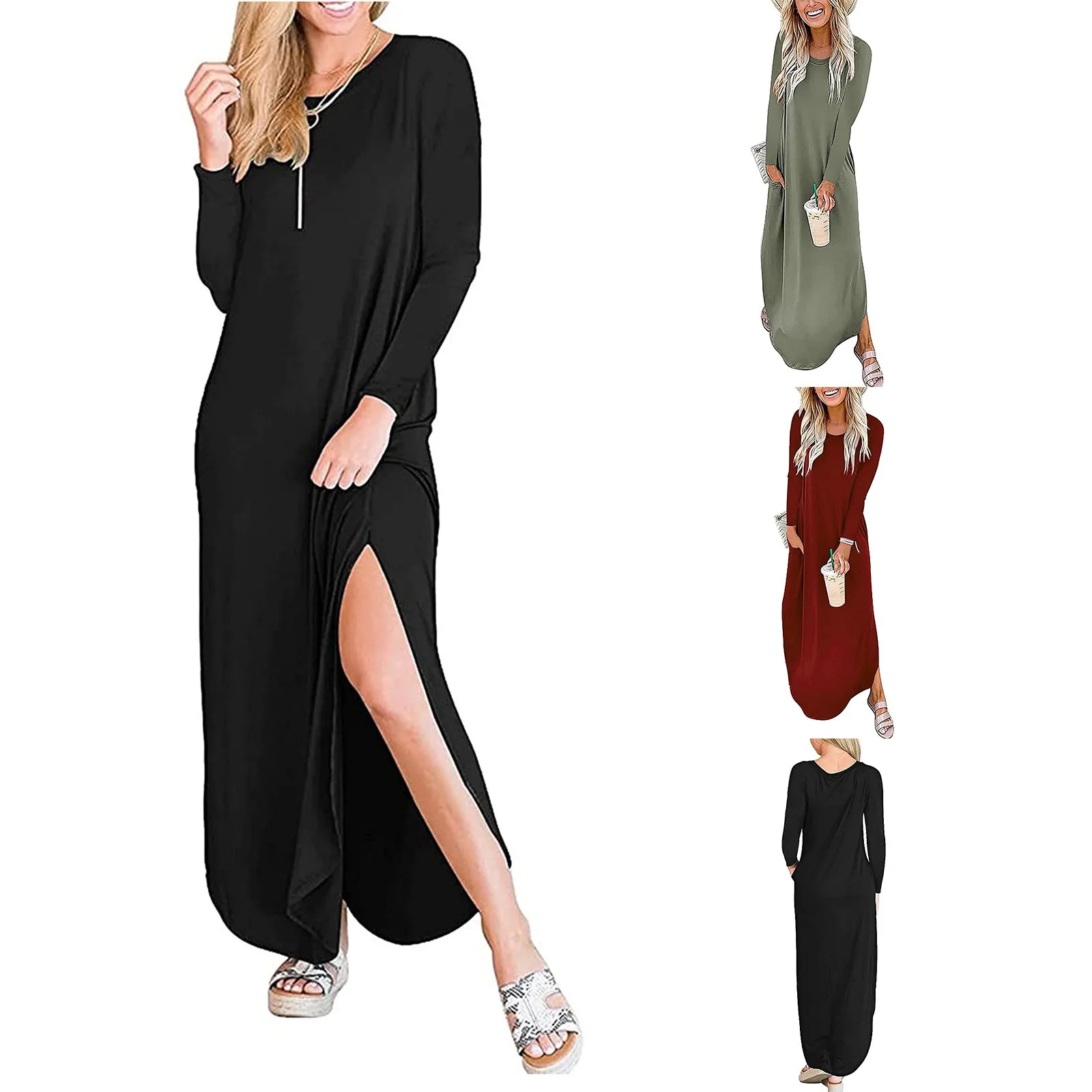 

Модное осеннее повседневное длинное платье с карманами, уличная одежда, женское свободное платье с круглым вырезом и длинным рукавом, женск...