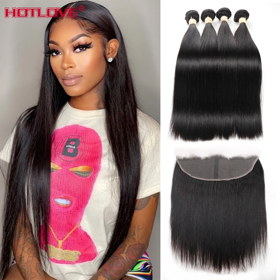 32 40 Inches Straight Human Hair Bundles With Frontal Brazilian Hair Weave Bundles With Closure Middle Part Ear To Ear Remy Hair