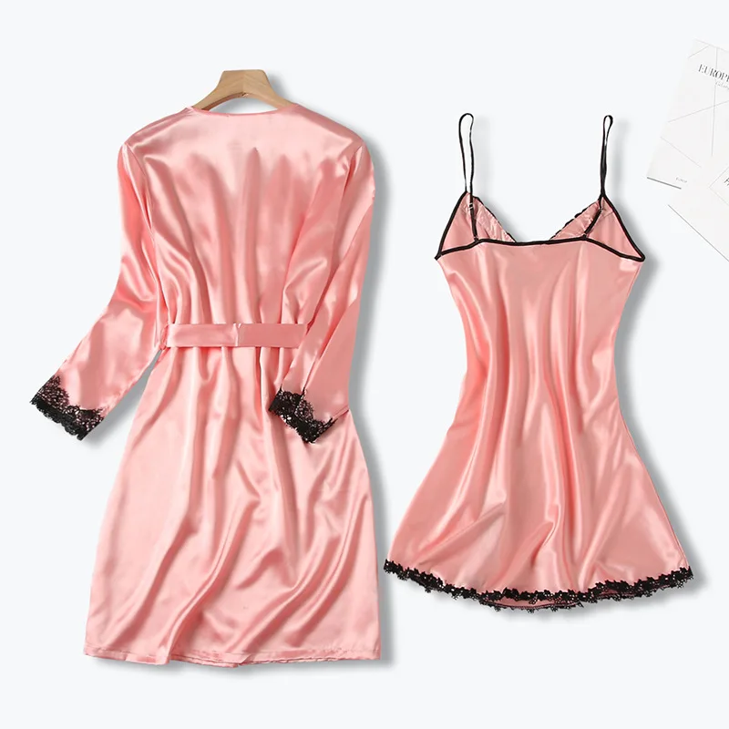 Summer New Sexy Silk Sling Gowns Robe Suit Comfortable Thin Bathrobe Morning Gown Lace Nightwear Home Wear Sexy Sleepwear