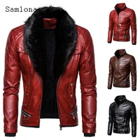 samlona mens pu leather jacket 2021 european style new fashion jacket winter faux leather coats red black zipper fur overcoats