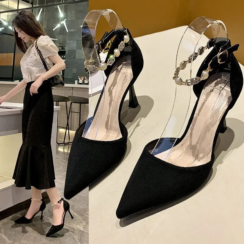 

High-heeled Sandals Women's Heels Spring 2021 New Pointed One-word Buckle French Hollow Sandals Shoe for Women Womens Shoes