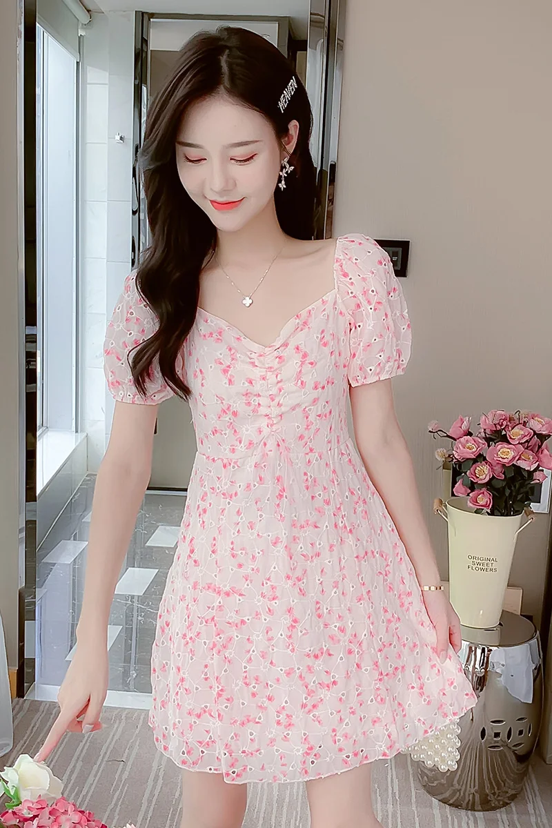 

COIGARSAM Print Women dress Summer Short Sleeve High Waist Dresses 8685