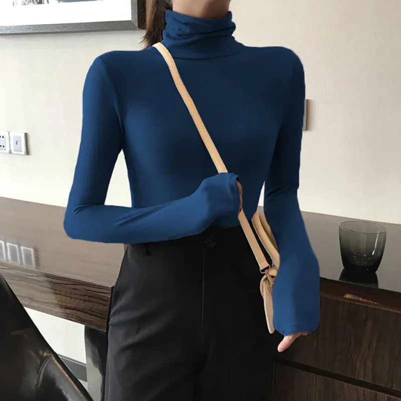 

High Collar Solid Color T-Shirt Women Autumn and Winter Long Sleeve T-Shirt Bottoming Wild Casual Tops