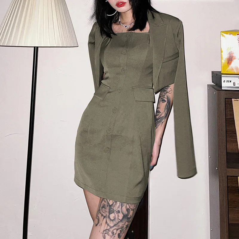 

Женское Деловое платье на бретельках, однотонное облегающее платье-блейзер с отложным воротником и длинным рукавом, на пуговицах