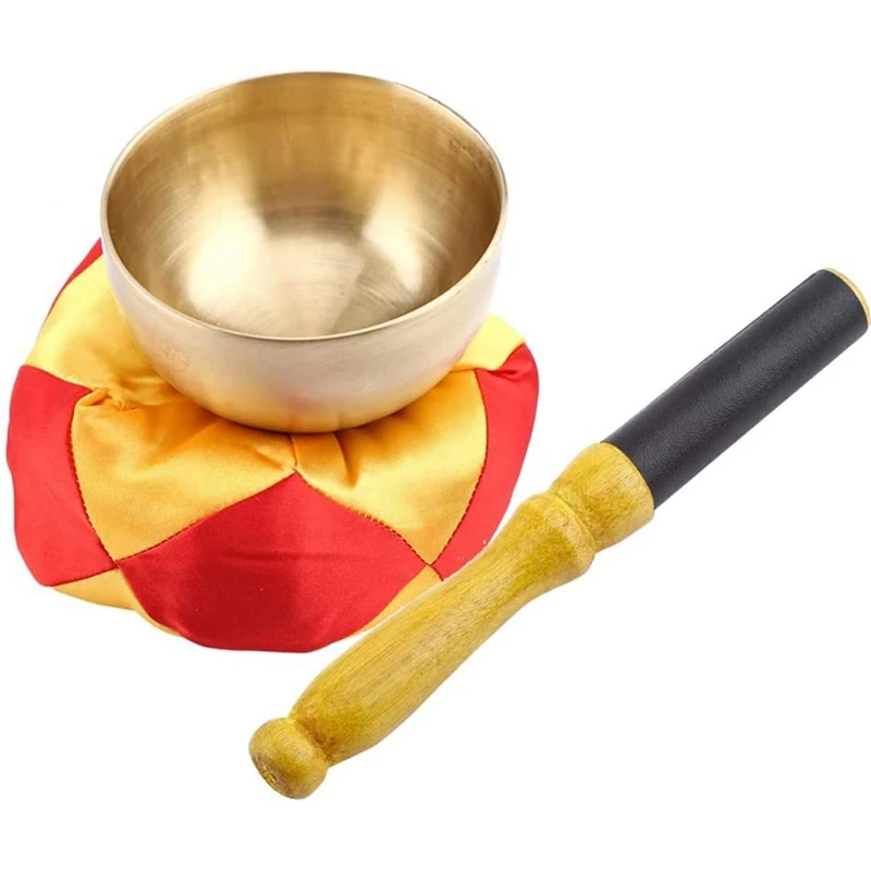 

Buddhism Singing Bowl Cushion Wood Stick Tibetan Bowl Buddhism Meditation Brass Vintage Home Decorative