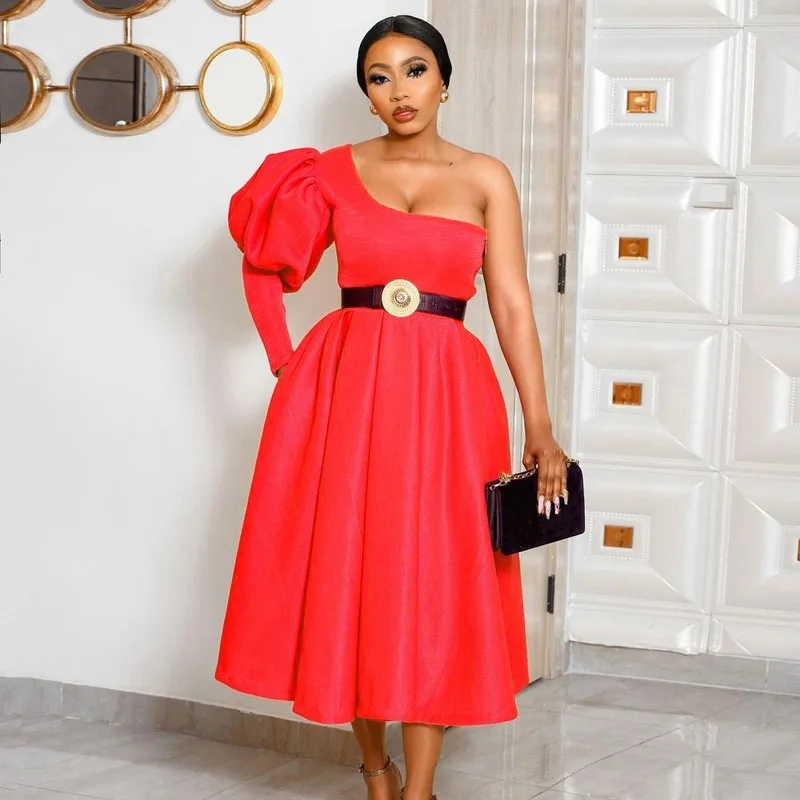 Рождественское женское платье сексуальное на одно плечо с рукавами фонариками