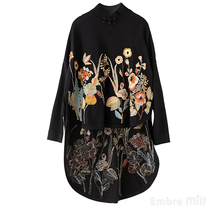 

Women black Top royal loose Vintage High-end wool embroidery floral Plus Size Knitted sweater elegant lady female M-XXXL