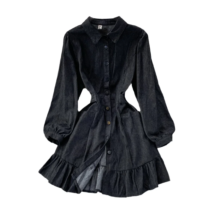 

Women Black Jeans Shirt Dress Fashion Girl Puff Sleeve Polo Collar Waist Slim Button Denim Dress Autumn 2021 New
