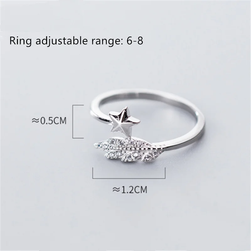 WANTME Cute Opening Adjustable Feather Pentagram Star Rings for Women Real 100% 925 Sterling Silver Minimalist Jewelry Accessory | Украшения