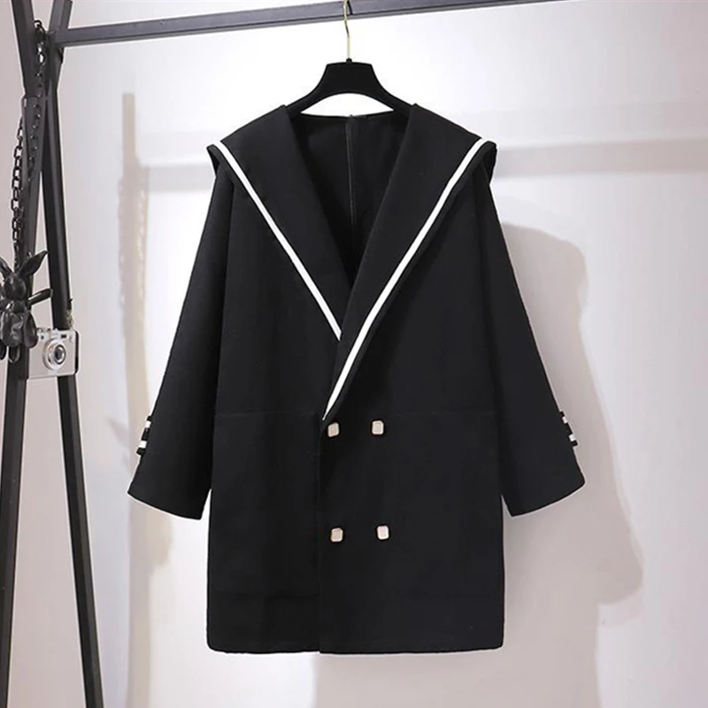 

2023 Spring Autumn Sailor Collar Blazer Long Sleeve Jacket Womens Double Breasted Loose Jacket Coat Plus Size Blazers