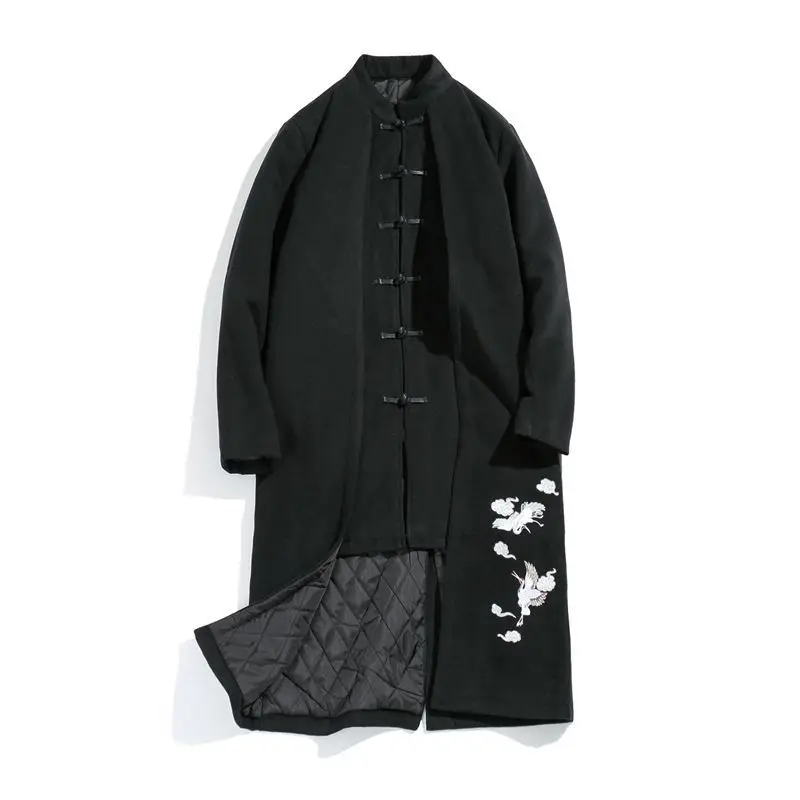 Мужской длинный шерстяной Тренч с вышивкой Зимняя Толстая хлопковая куртка