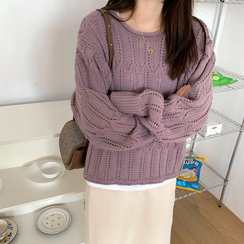 

Ажурные однотонные винтажные пуловеры для женщин, корейские свободные повседневные женские джемперы, женская верхняя одежда с длинным рук...