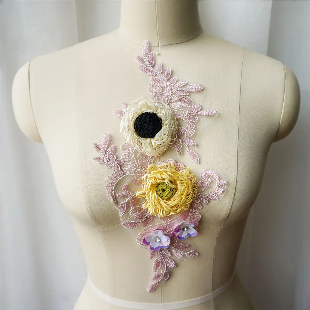 Розовый Желтый 3D Цветочная кружевная ткань бусины вышитая одежда аппликации