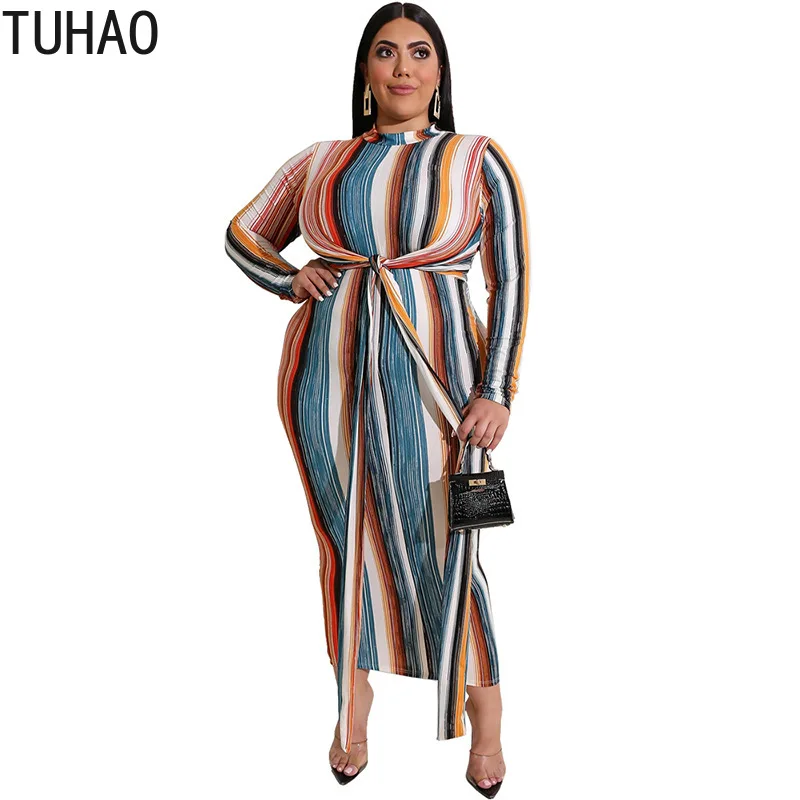 

Женское платье с длинным рукавом, в полоску, большие размеры