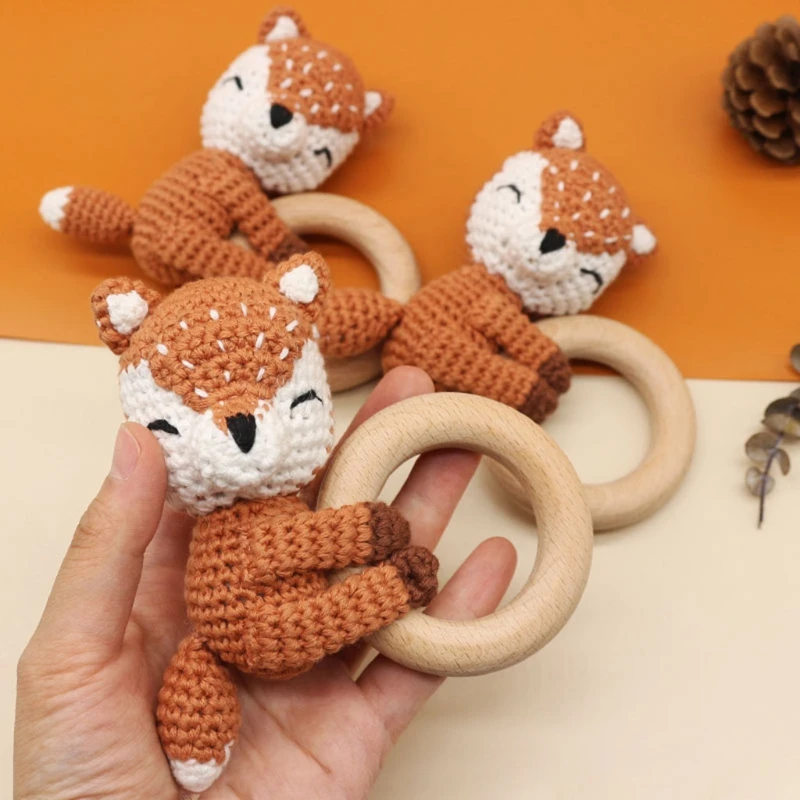 

OOTDTY Crochet Elk Bunny Rattle Toys Wooden Baby Pram Clip Baby Gym Stroller Hanging Pendant Newborn Crib Mobile Rattle Toys