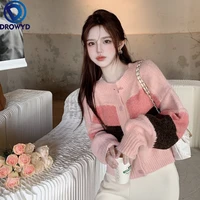 new women knitted cardigans sweater fashion autumn pink o neck long sleeve loose coat casual button thick solid female tops 2021