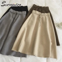 surmiitro 2021 fashion autumn winter knitted midi long skirt women korean style mid length high waist a line skirt female