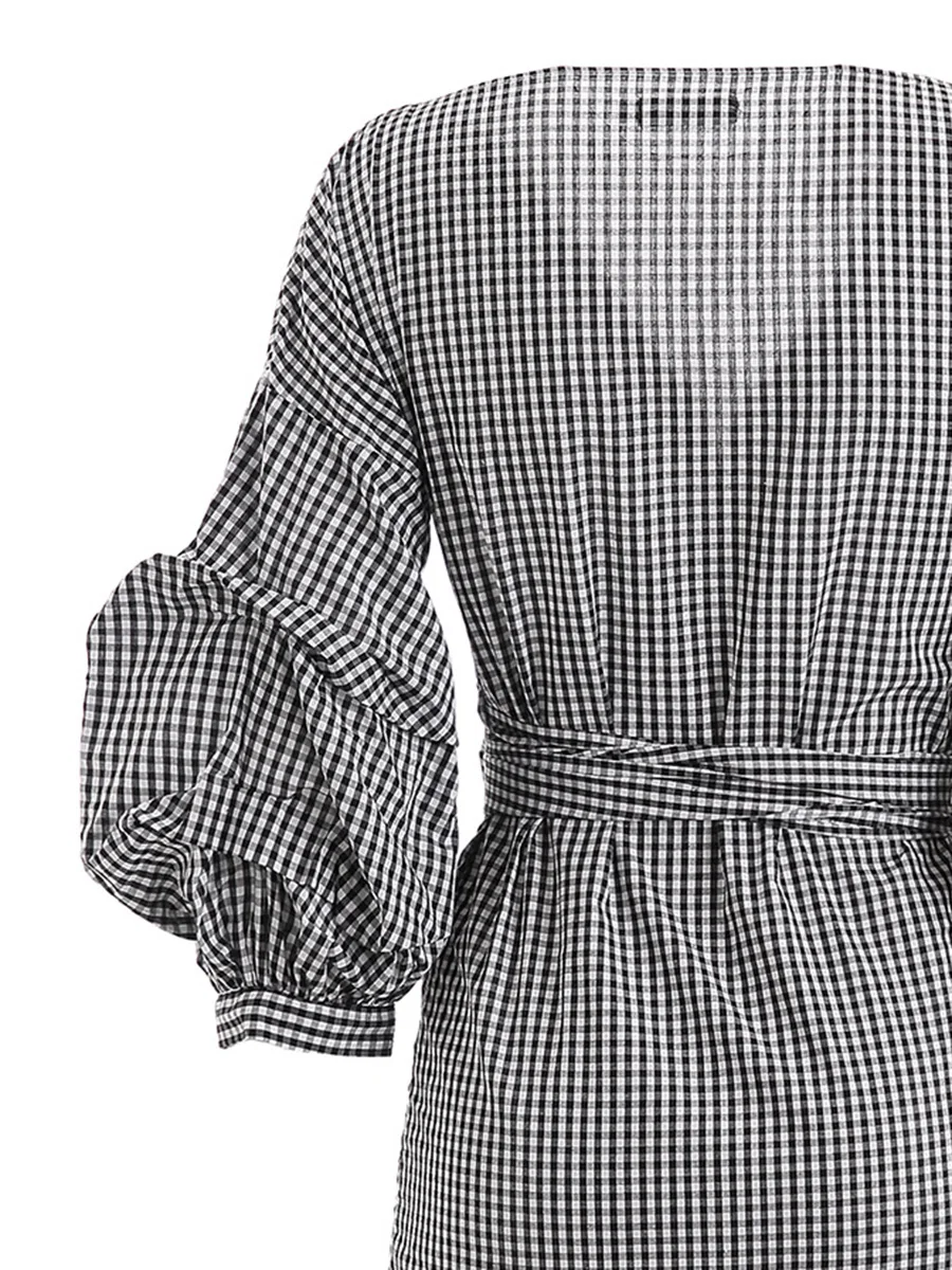 

Clearance Nices Summer Women Plaid Tie Puff Sleeve Dress V-neck Sexy Dresses Slim Vestidos Gray Mini Vestidos Plus Size