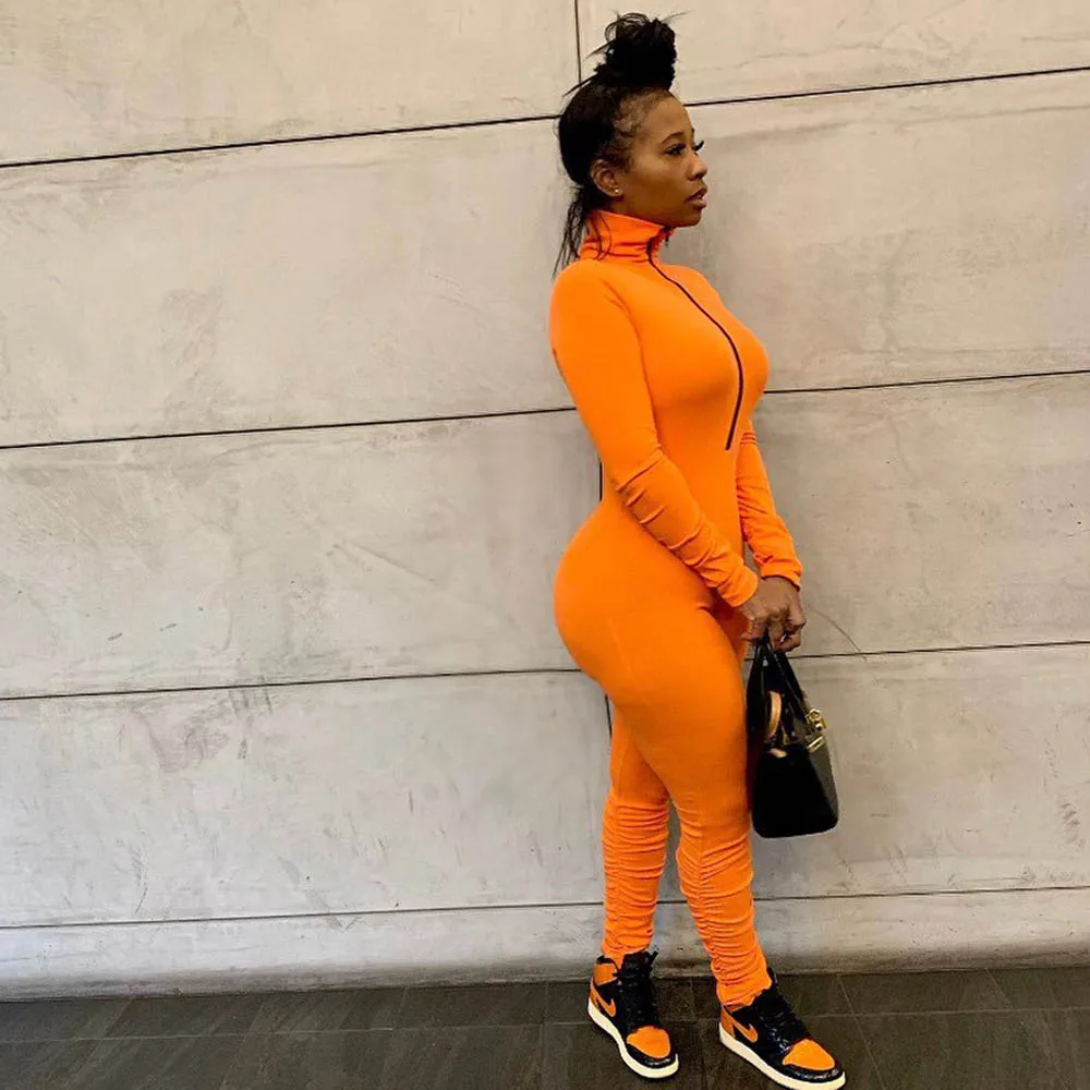 

Fall 2020 Womens Stacked Jumpsuit Winter Rompers Women Zip Up Long Sleeves Bodycon One Piece Stacked Leg Jumpsuit