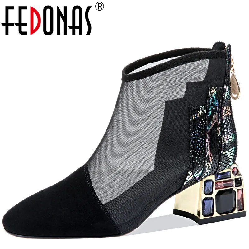 FEDONAS/2021 Женские туфли-лодочки из телячьей кожи со стразами на молнии сзади Сезон