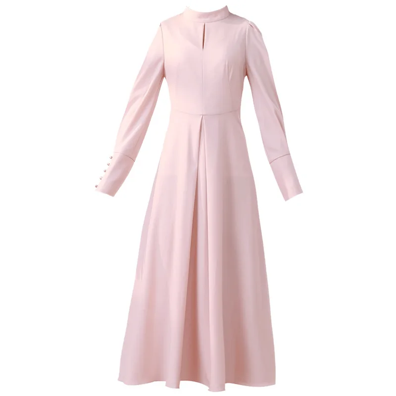 

New Top Quality 2021 Spring Pink Blue Dress Women Stand Neck Golden Button Deco Long Sleeve Mid-Calf Party A-Line Dress Vestidos