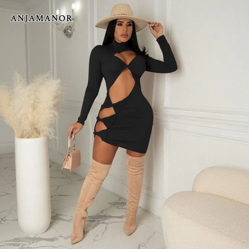 

ANJAMANOR Irregular Hollow Out Long Sleeve Bodycon Dress Sexy Club Outfits for Women Red Black Rib Knit Mini Dresses D6-CB29