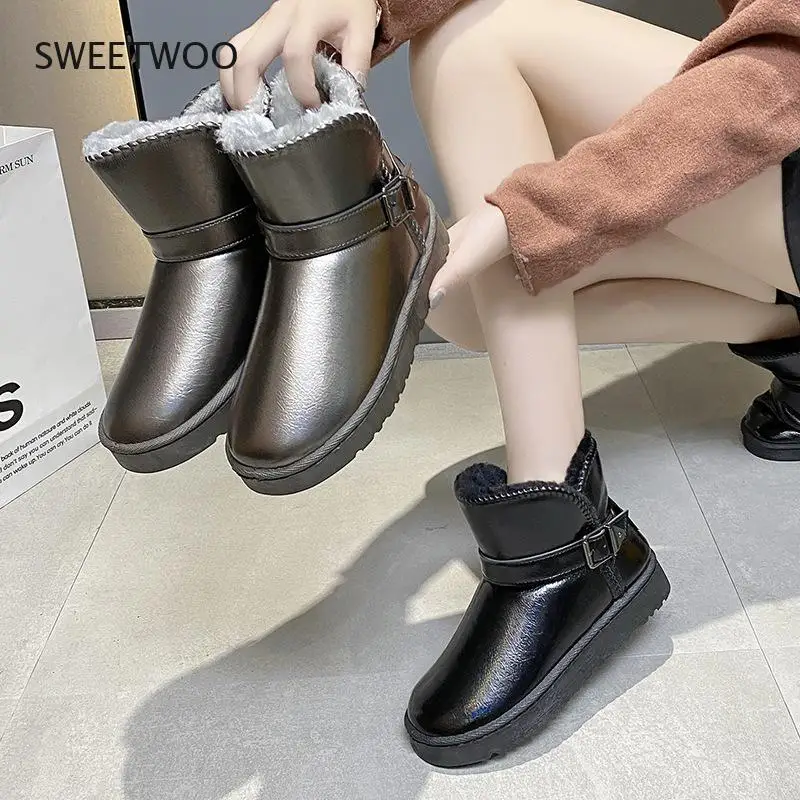 

2021 New Warm Snow Boots Women Bright Leather Waterproof Short-tube Cotton Shoes Fashion zipper gun Gray Winter Cotton boots