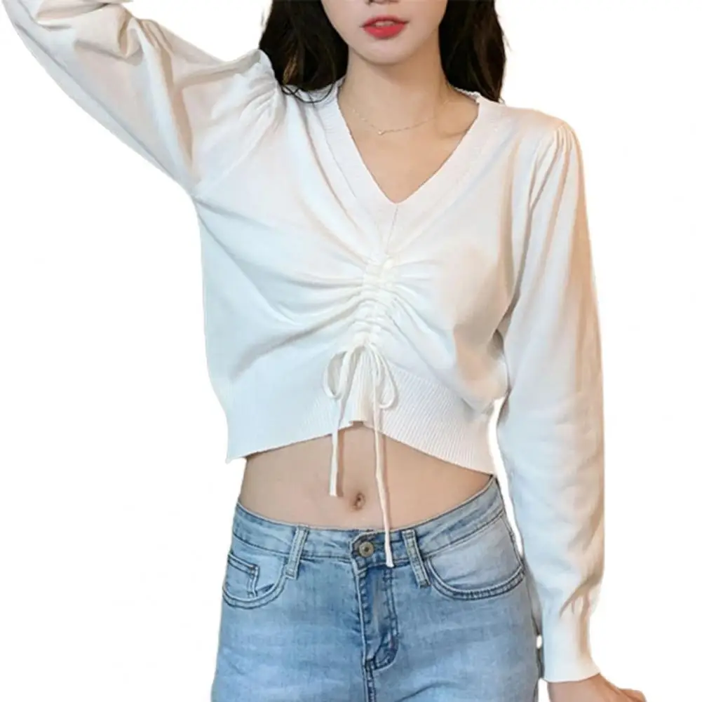 

Новинка 2021, популярный вязаный кроп-топ с длинным рукавом, облегающая уличная одежда, трикотажный свитер с V-образным вырезом и кулиской для ...