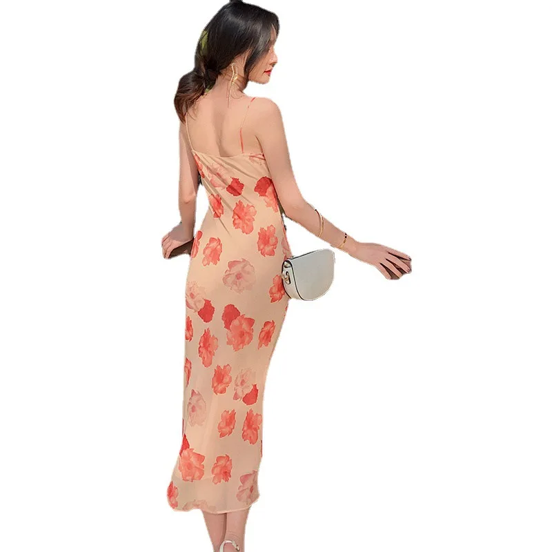 

2021 summer new style light mature sexy halter fishtail skirt fashion print suspender dress women