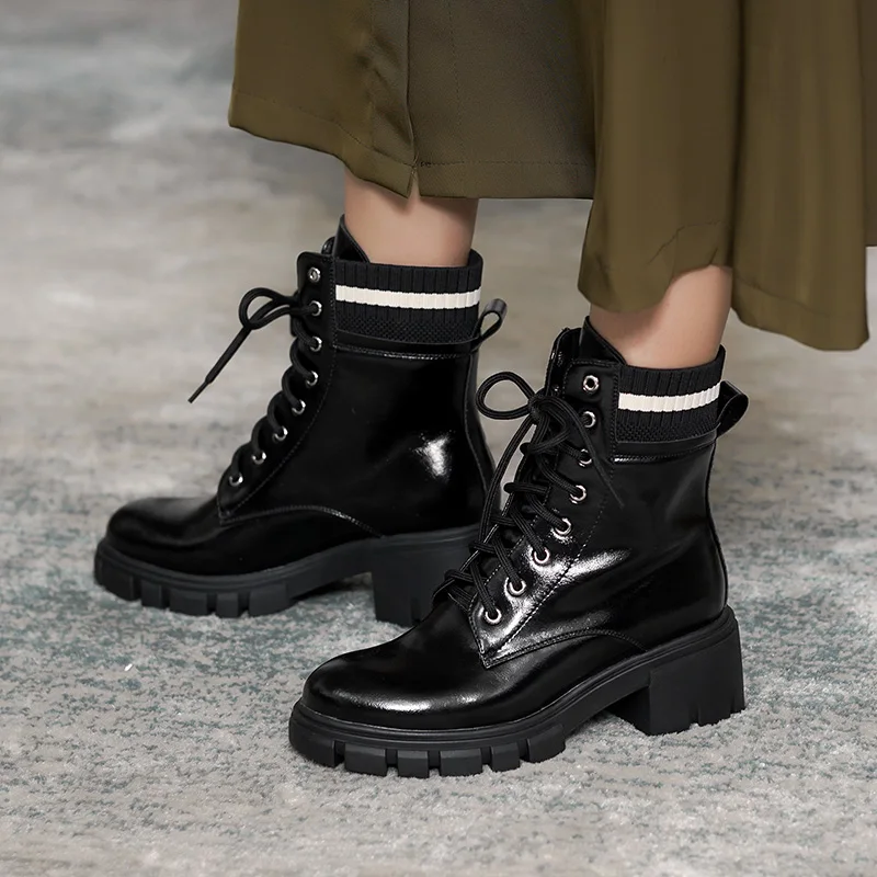 Murah Sepatu Bot Martin Kulit Sapi Asli Sepatu Bot Tunggal Berenda Gaya Inggris Ujung Bundar Bersol Tebal Wanita