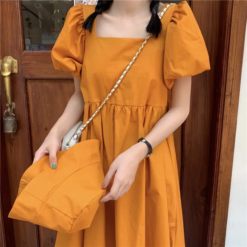 

Women Summer Dresses Mori Girls Sweet Style Square Collar Short Sleeve Puff Sleeve High Waist A-line Loose Dress for Student