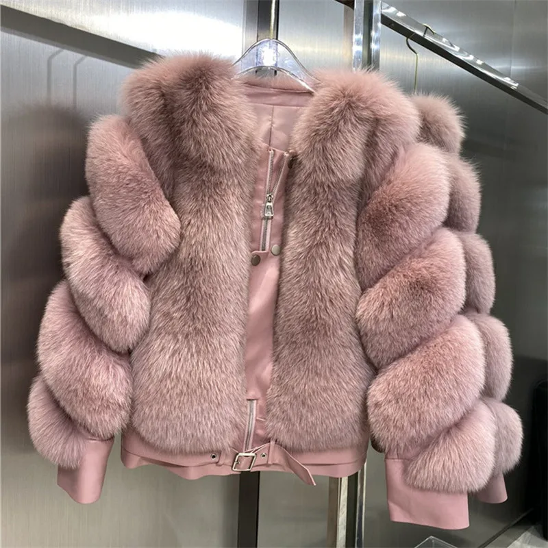 Fashion Luxury Pink Thick Real Fox Fur Coats For Women Full Pelt Genuine Fox Fur Jackets Genuine Leather Woman Winter Overcoat enlarge