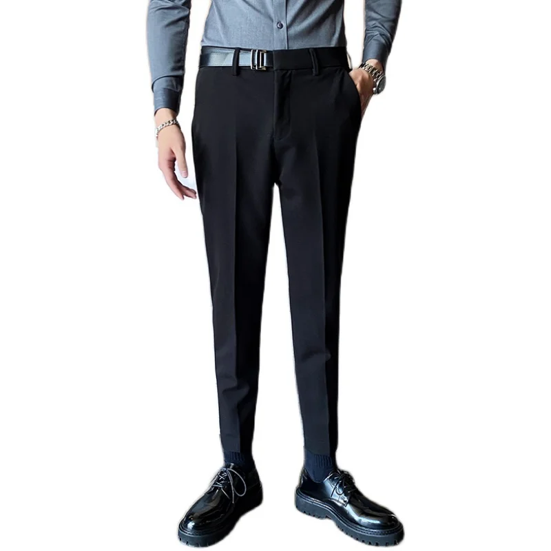 

Men British Style Business Dress Pants Belt Slim Fit Formal Office Social Suit Pants 2021 Fall Winter Casual Wedding Trousers