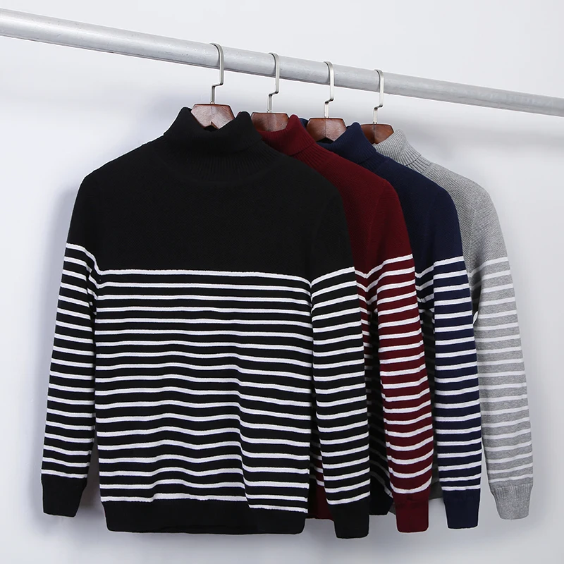 

Men Classic Sweater Men's Casual Slim Fit Basic Stripe Pullover 2021 Winter Turtleneck Knitted Long Sleeve Sweater Men Tops New