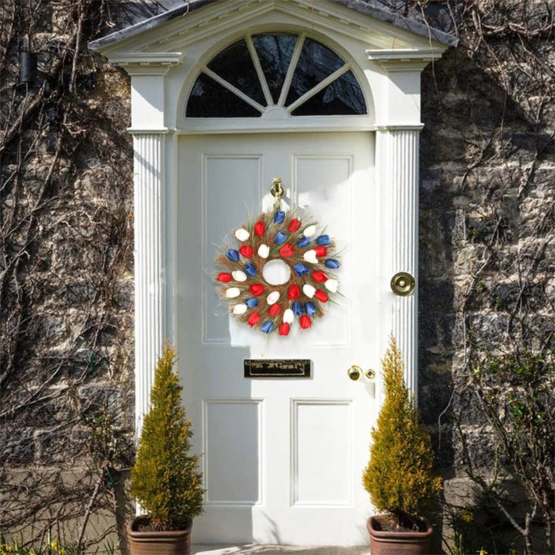 

Artificial Tulipe Wreath Spring Wreath Summer Faux Floral ,Long Leaf Tulipe Wreath for front Door Hanging Garland for Home A9LB