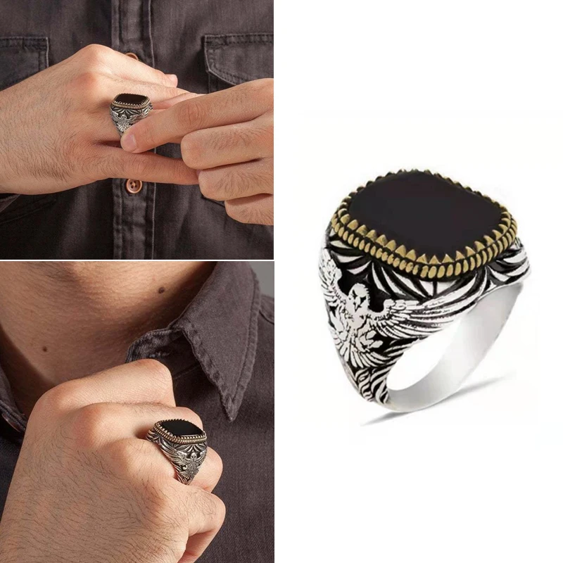 

Hot Sale Men's Engraving Flying Eagle Animal Pattern Finger Ring with Black Square Stone Crystal for Male Party Jewelry
